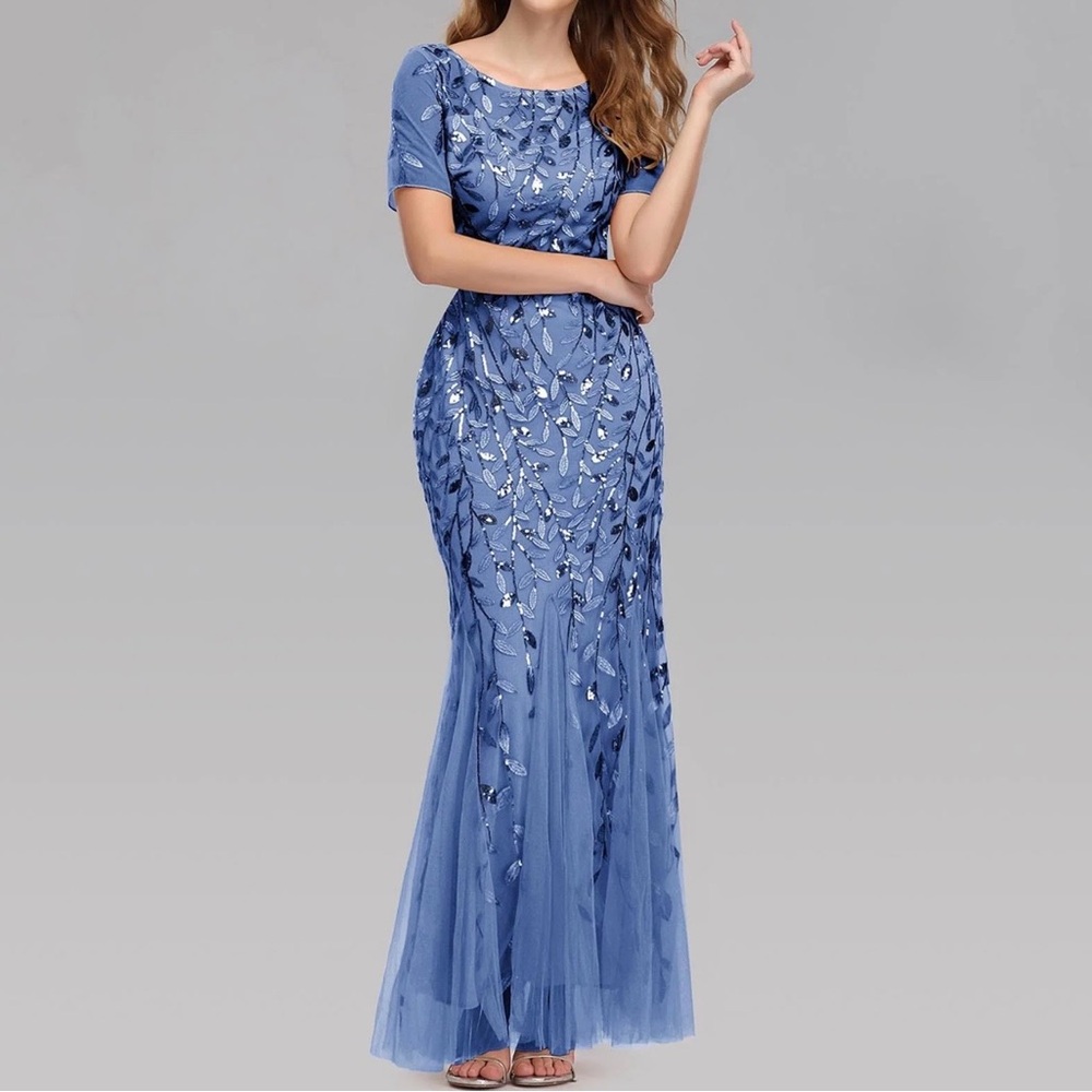 Ever Pretty Dusty Blue Sequin Applique Tulle Gown